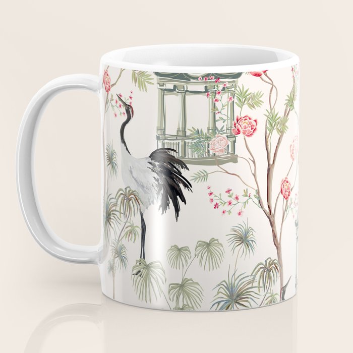 Chinoiserie Blush Pink Blooming Peony Pagoda Bird Garden Pattern Coffee Mug Gallery Image 3