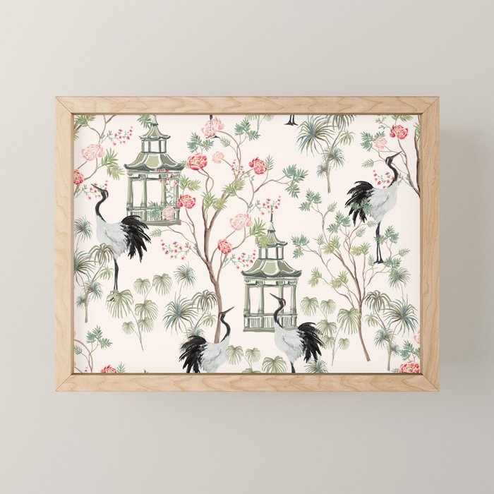 Chinoiserie Blush Pink Blooming Peony Pagoda Bird Garden Pattern Mini Art Print Gallery Image 1