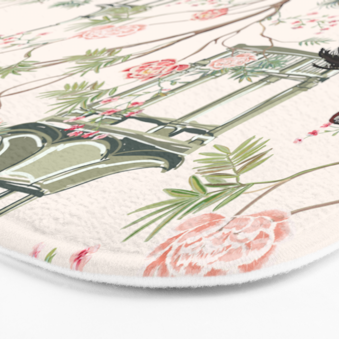 Chinoiserie Blush Pink Blooming Peony Pagoda Bird Garden Pattern Bath Mat Gallery Image 3