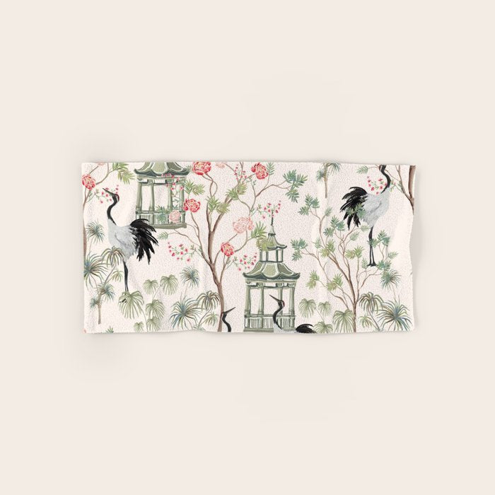 Chinoiserie Blush Pink Blooming Peony Pagoda Bird Garden Pattern Bath Towel Gallery Image 1