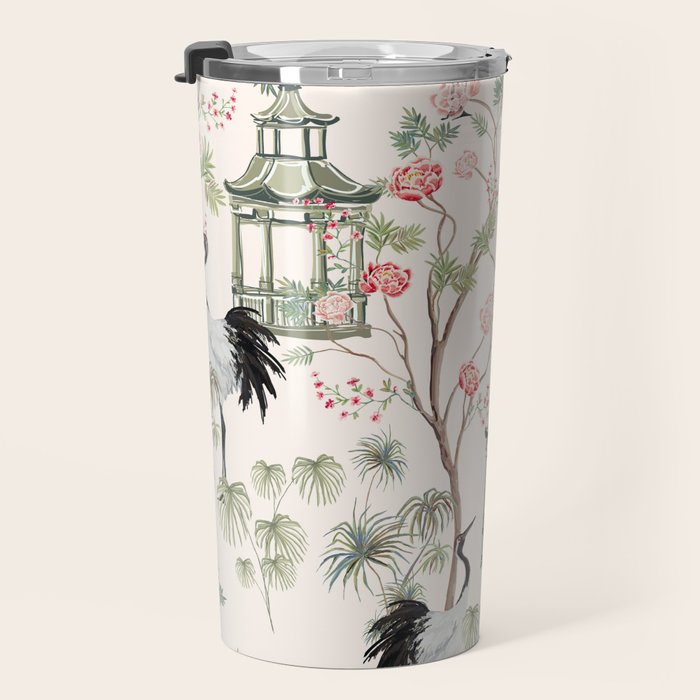 Chinoiserie Blush Pink Blooming Peony Pagoda Bird Garden Pattern Travel Mug Gallery Image 3