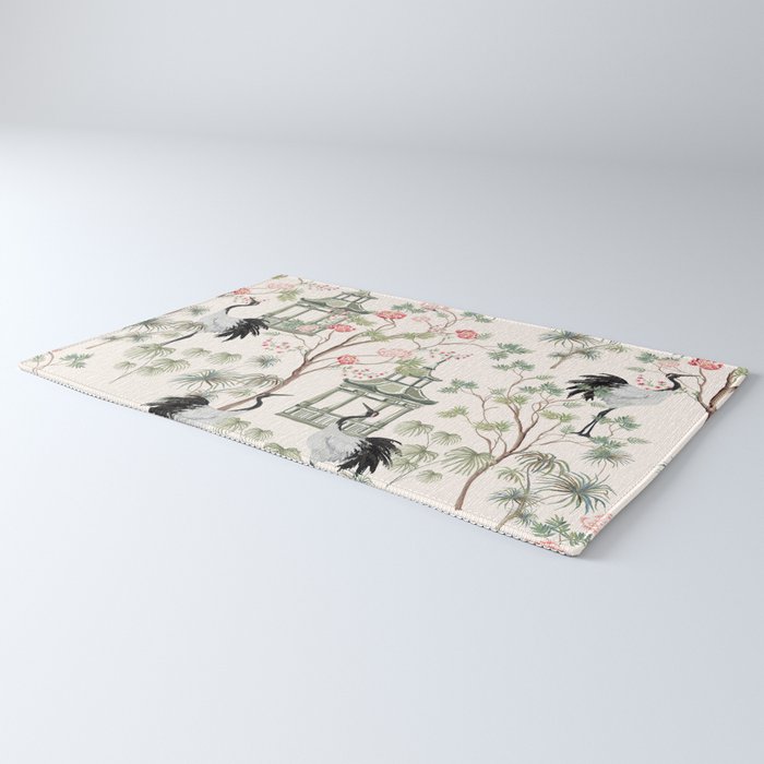 Chinoiserie Blush Pink Blooming Peony Pagoda Bird Garden Pattern Rug Gallery Image 3