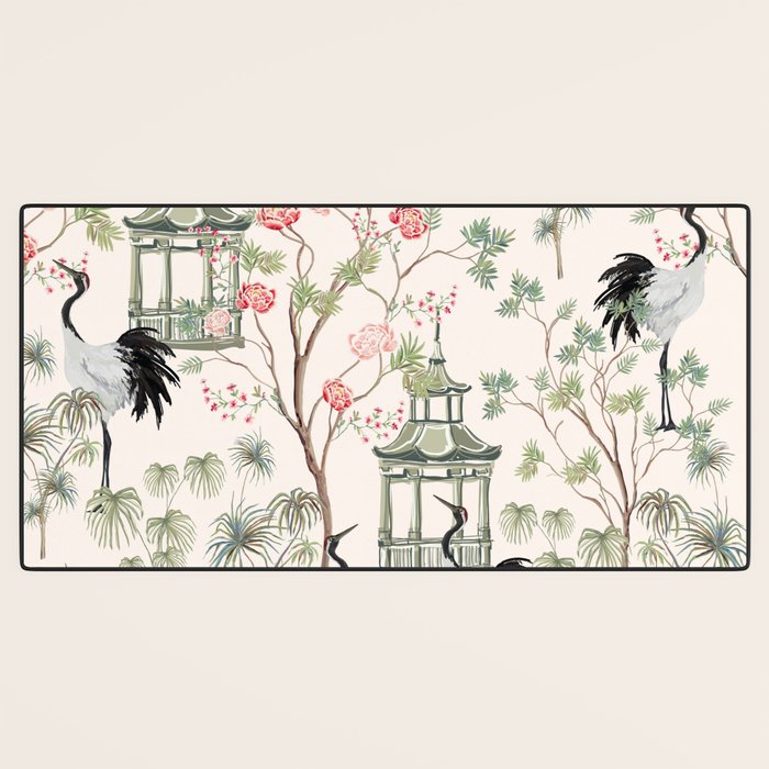 Chinoiserie Blush Pink Blooming Peony Pagoda Bird Garden Pattern Desk Mat Gallery Image 3