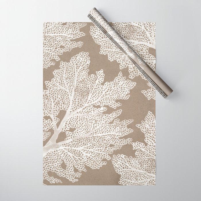 Sea Fan Coral - White on Kraft Wrapping Paper Gallery Image 1