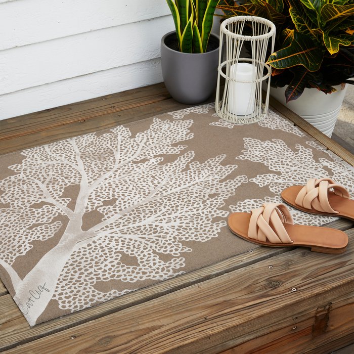 Sea Fan Coral - White on Kraft Outdoor Rug Gallery Image 2