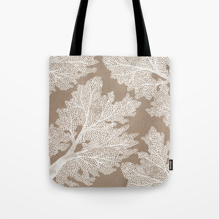 Sea Fan Coral - White on Kraft Tote Bag Gallery Image 1