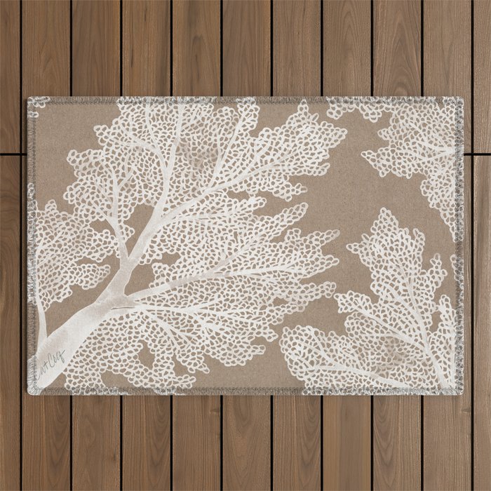 Sea Fan Coral - White on Kraft Outdoor Rug Gallery Image 1