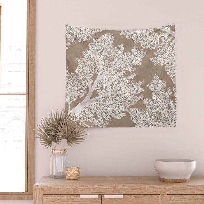 Sea Fan Coral - White on Kraft Wall Tapestry Gallery Image 2