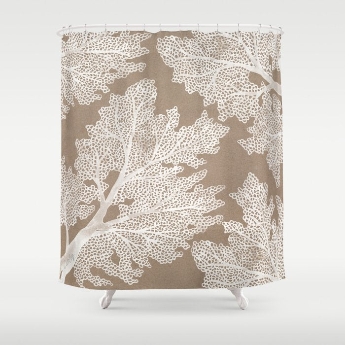 Sea Fan Coral - White on Kraft Shower Curtain Gallery Image 1