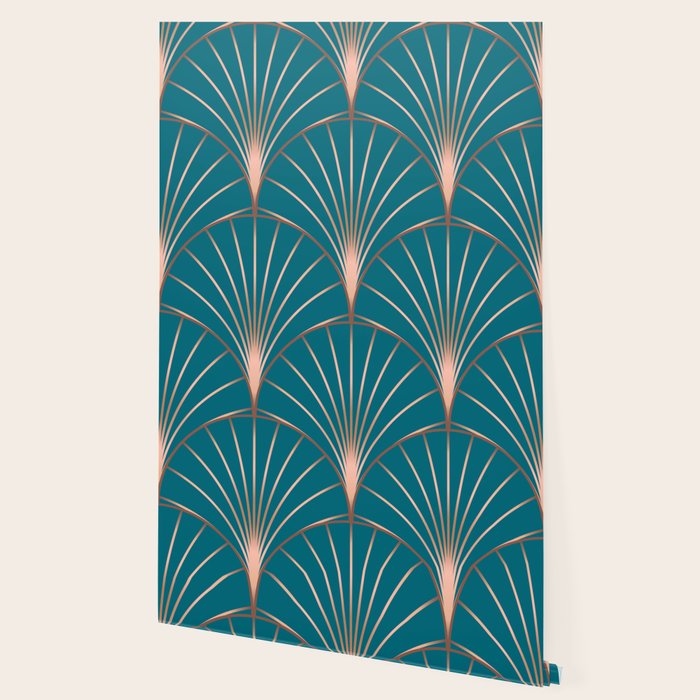 Vintage Art Deco Floral Copper & Teal Wallpaper Gallery Image 2