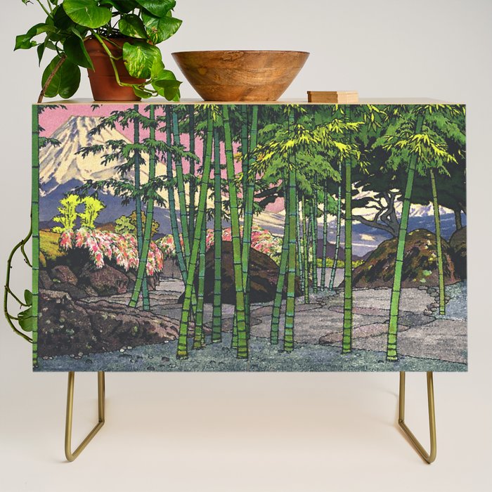 Through the Nishigi Forest - Nature Ukiyo Landscape in Green & Pink Credenza Gallery Image 1