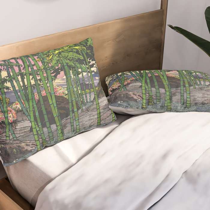 Through the Nishigi Forest - Nature Ukiyo Landscape in Green & Pink Pillow Sham Gallery Image 2