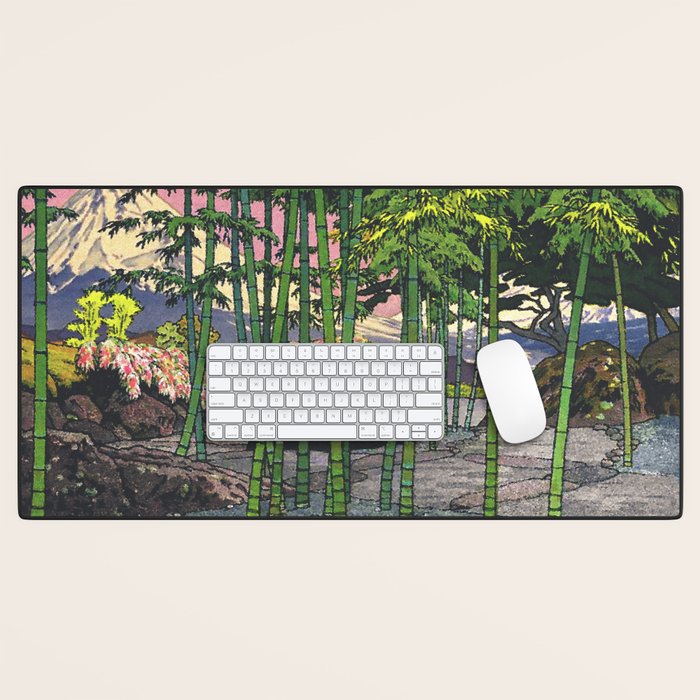 Through the Nishigi Forest - Nature Ukiyo Landscape in Green & Pink Desk Mat Gallery Image 1
