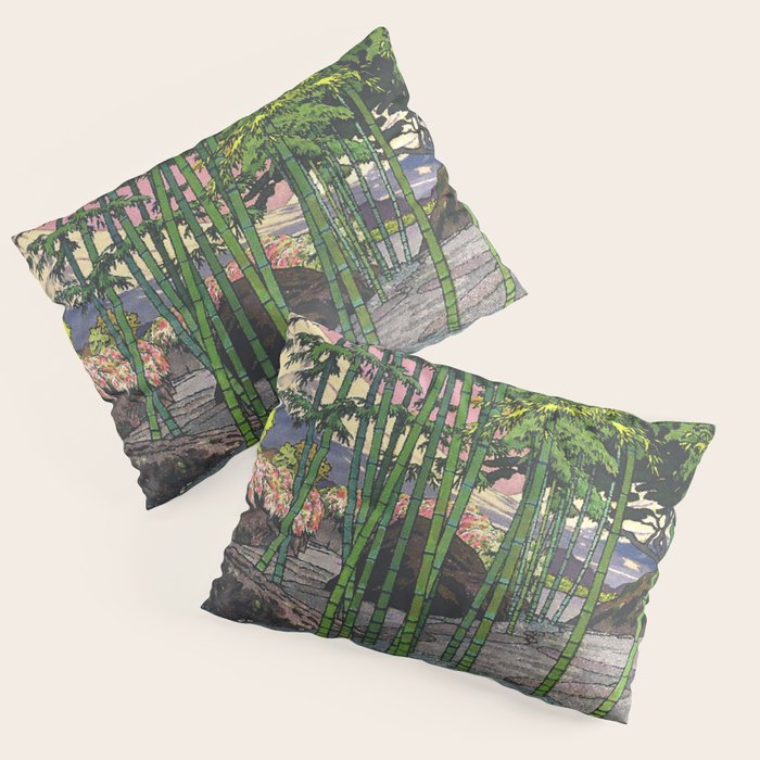 Through the Nishigi Forest - Nature Ukiyo Landscape in Green & Pink Pillow Sham Gallery Image 1
