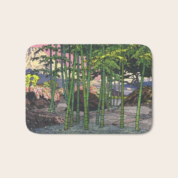 Through the Nishigi Forest - Nature Ukiyo Landscape in Green & Pink Bath Mat Gallery Image 1