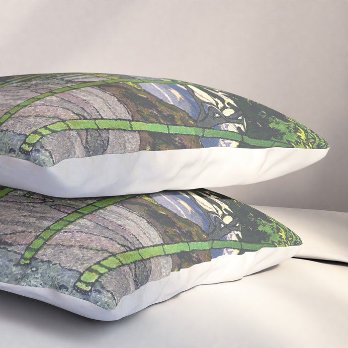 Through the Nishigi Forest - Nature Ukiyo Landscape in Green & Pink Pillow Sham Gallery Image 3