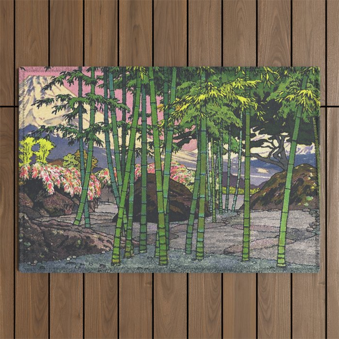 Through the Nishigi Forest - Nature Ukiyo Landscape in Green & Pink Outdoor Rug Gallery Image 1