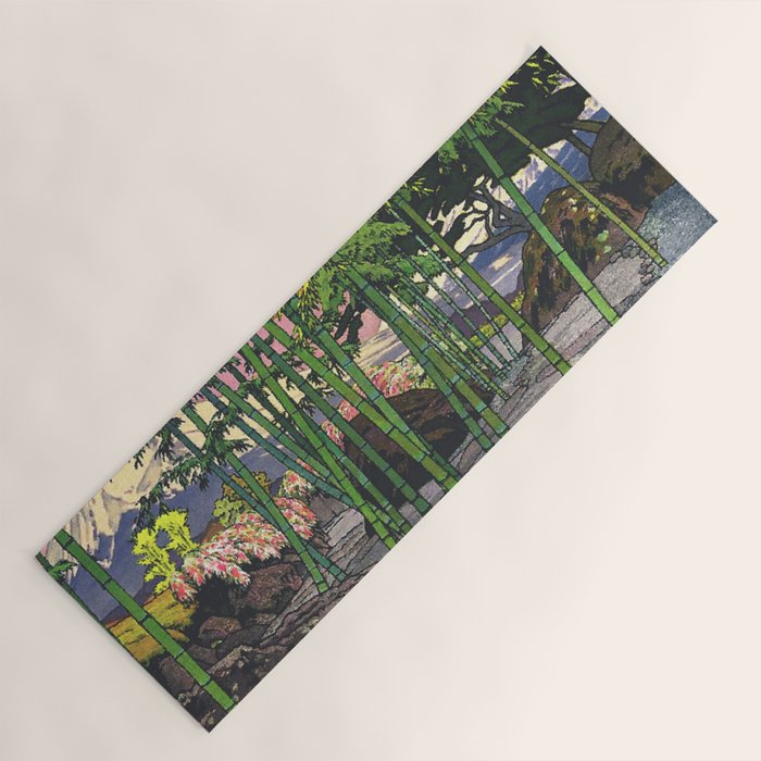 Through the Nishigi Forest - Nature Ukiyo Landscape in Green & Pink Yoga Mat Gallery Image 1