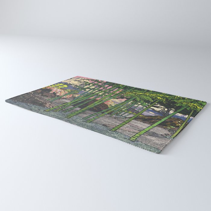 Through the Nishigi Forest - Nature Ukiyo Landscape in Green & Pink Rug Gallery Image 3