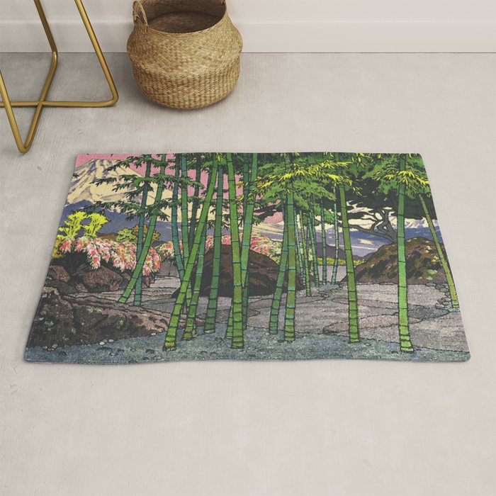 Through the Nishigi Forest - Nature Ukiyo Landscape in Green & Pink Rug Gallery Image 1