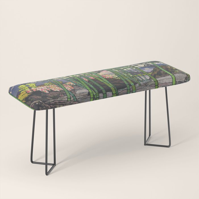 Through the Nishigi Forest - Nature Ukiyo Landscape in Green & Pink Bench Gallery Image 1