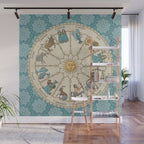 Vintage Astrology Zodiac Wheel on Teal Wall Mural Gallery Image 1