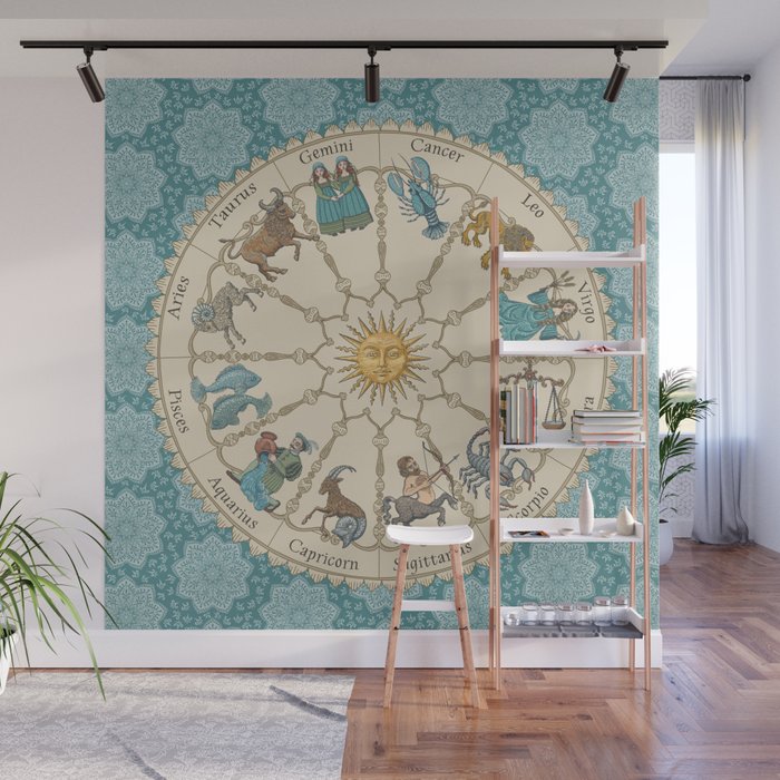 Vintage Astrology Zodiac Wheel on Teal Wall Mural Gallery Image 1