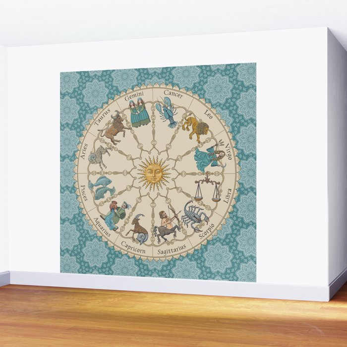 Vintage Astrology Zodiac Wheel on Teal Wall Mural Gallery Image 2