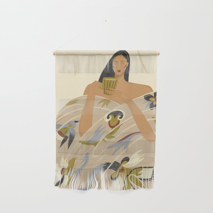  a girl in a blanket with a cup Wall Hanging Gallery Image 1
