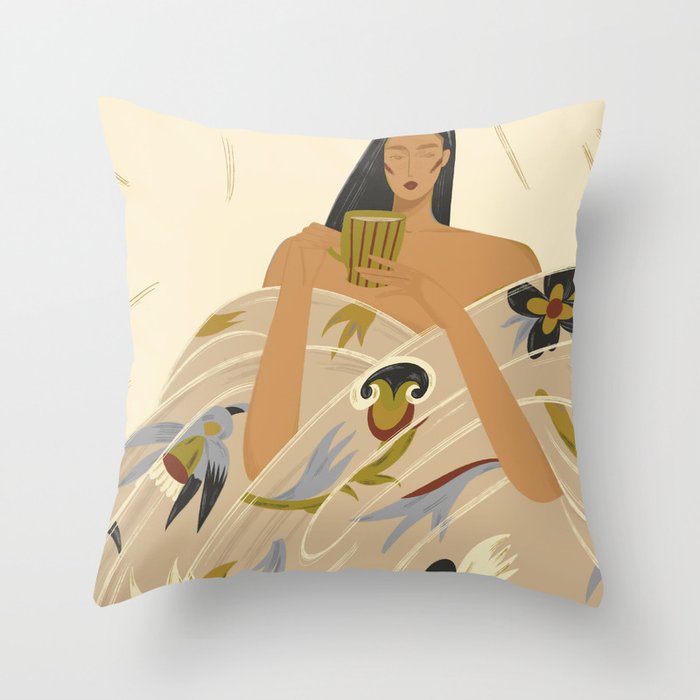  a girl in a blanket with a cup Throw Pillow Gallery Image 1