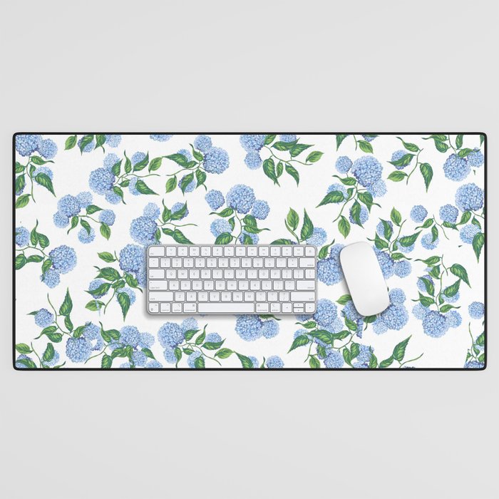 Hydrangea blue flowers, botanicals, blue and white floral Desk Mat Gallery Image 1