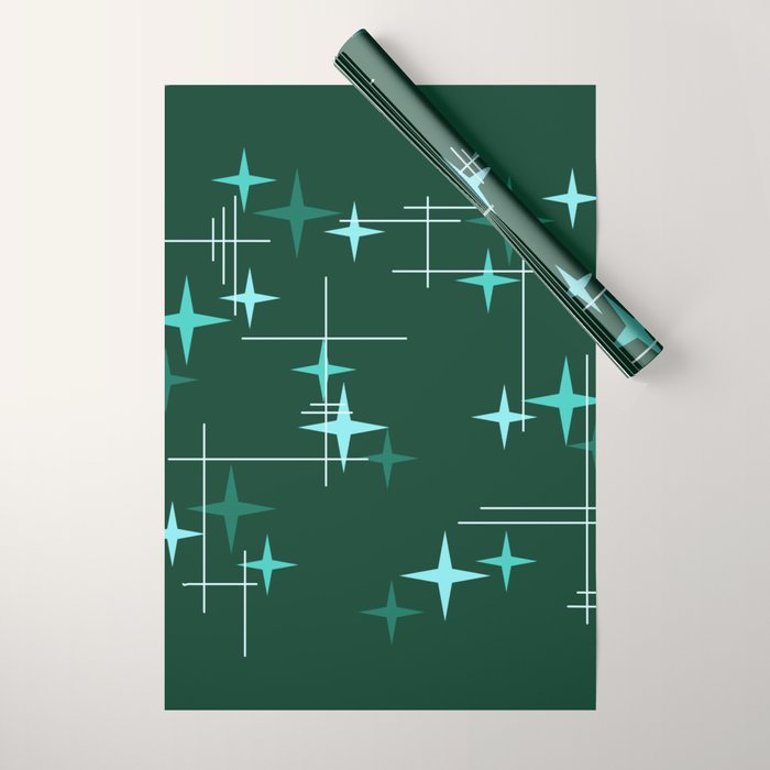 Mid Century Modern Stars Deep Sea Green Wrapping Paper Gallery Image 1