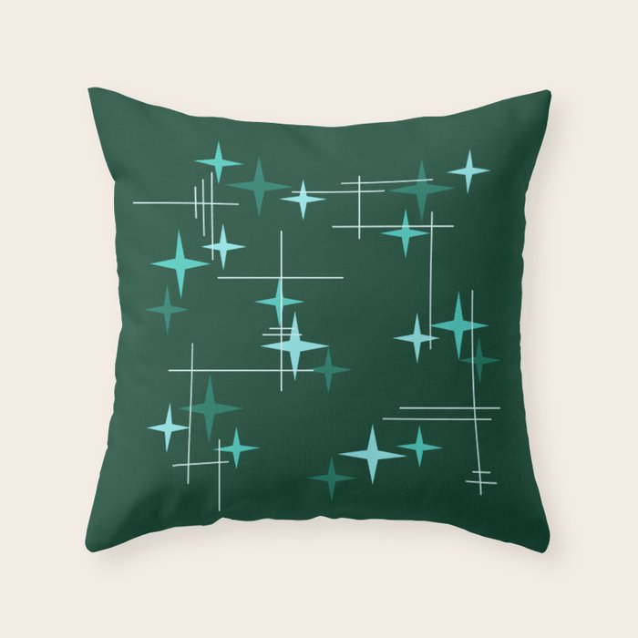 Mid Century Modern Stars Deep Sea Green Throw Pillow Gallery Image 1