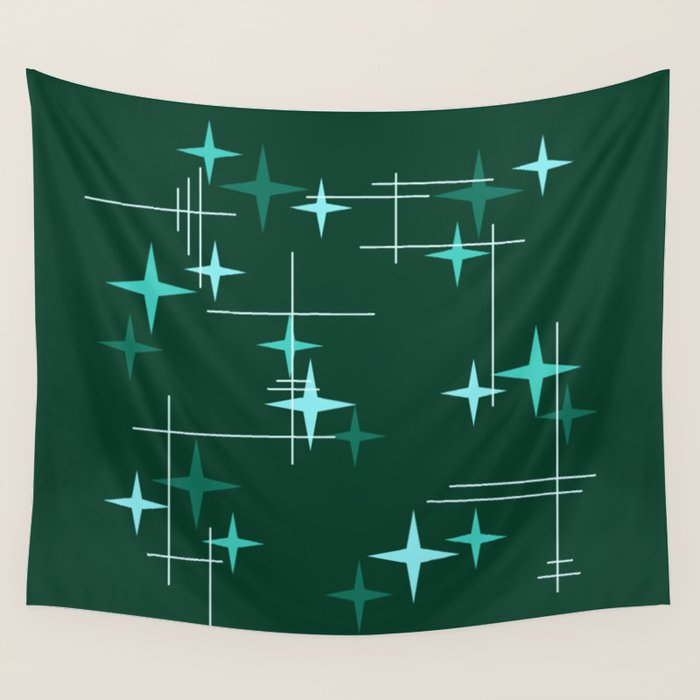 Mid Century Modern Stars Deep Sea Green Wall Tapestry Gallery Image 1