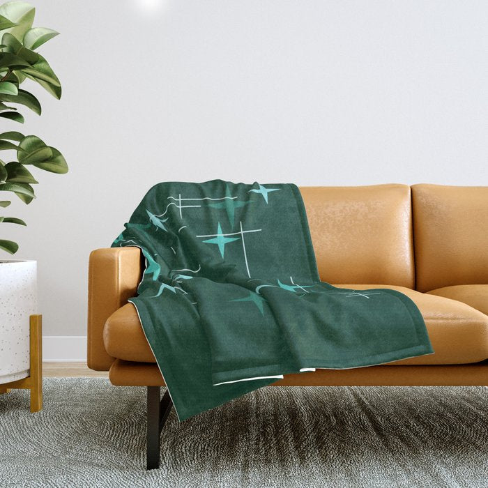 Mid Century Modern Stars Deep Sea Green Throw Blanket Gallery Image 1