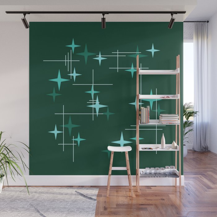 Mid Century Modern Stars Deep Sea Green Wall Mural Gallery Image 1