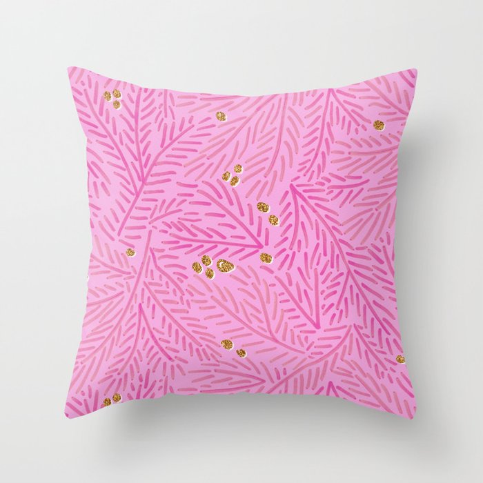 Winter Berries & Pine Branches in Pink & Gold Throw Pillow Gallery Image 6
