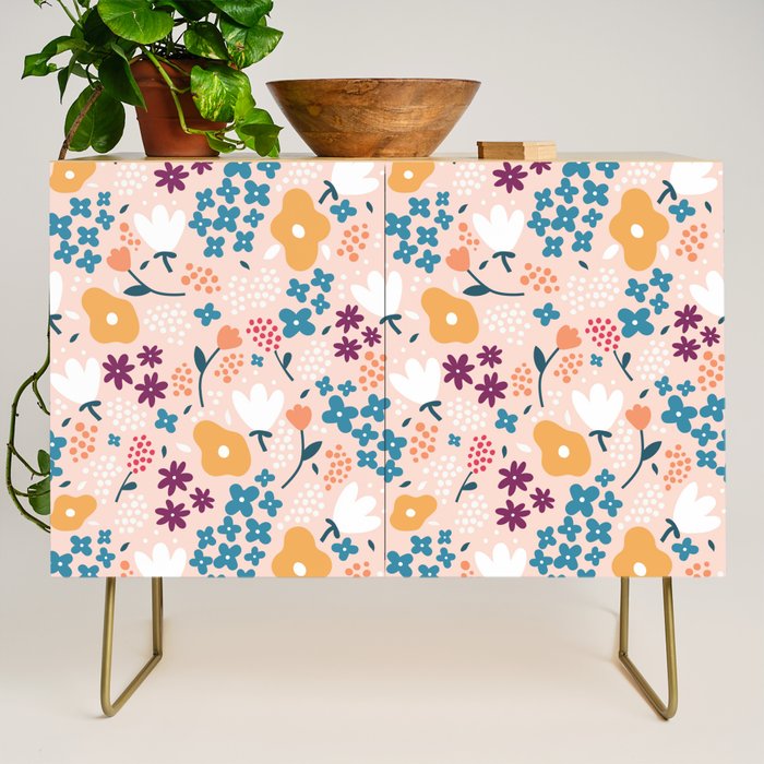Tiny little flowers on pink background Credenza Gallery Image 1