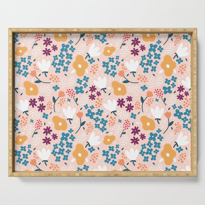 Tiny little flowers on pink background Serving Tray Gallery Image 1