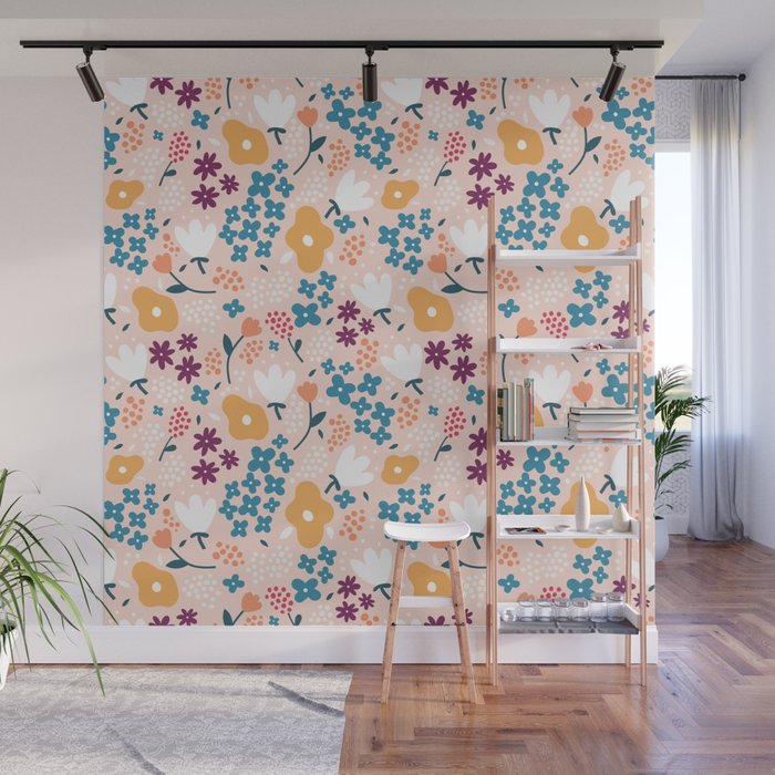 Tiny little flowers on pink background Wall Mural Gallery Image 1