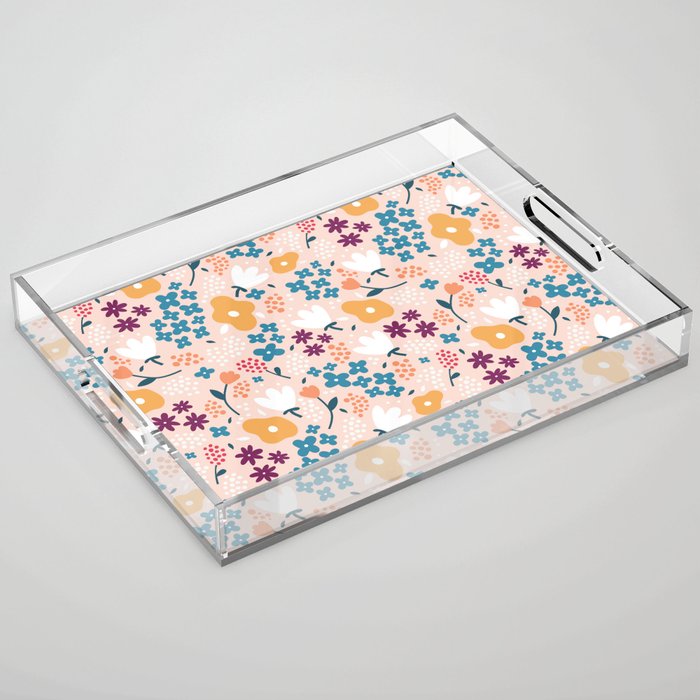 Tiny little flowers on pink background Acrylic Tray Gallery Image 1