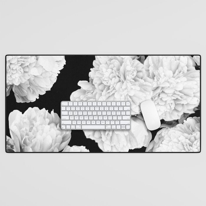 White Peony Flowers Black Background #decor #society6 #buyart Desk Mat Gallery Image 1