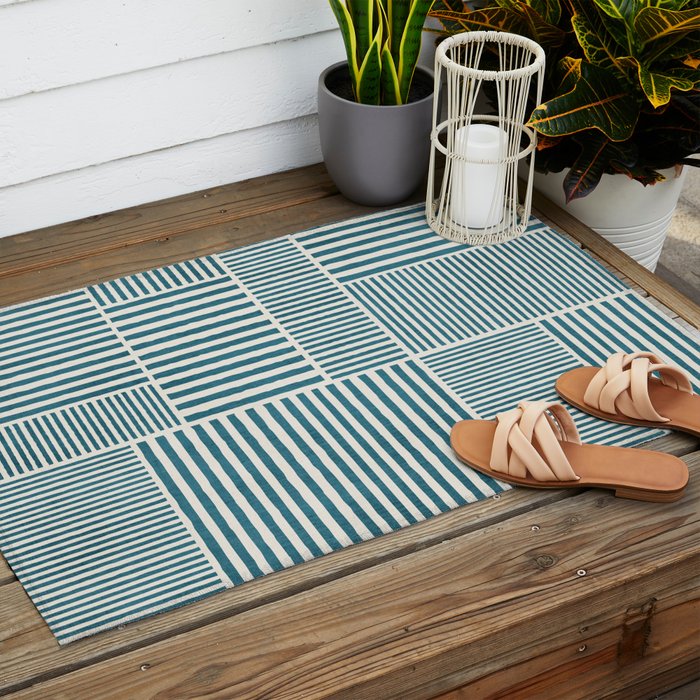 Teal Bold Lines Geometric Composition Artwork Outdoor Rug Gallery Image 2