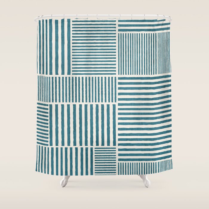 Teal Bold Lines Geometric Composition Artwork Shower Curtain Gallery Image 1