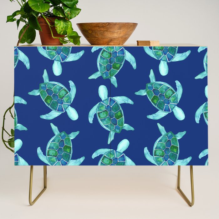 Save the Sea Turtles |Watercolor Blue Green| Renee Davis Credenza Gallery Image 1