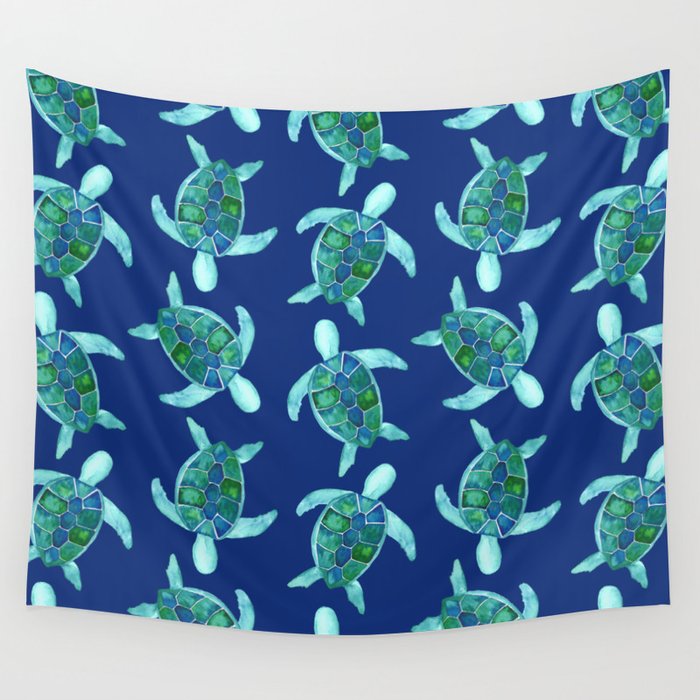Save the Sea Turtles |Watercolor Blue Green| Renee Davis Wall Tapestry Gallery Image 1