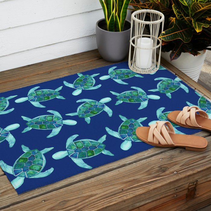Save the Sea Turtles |Watercolor Blue Green| Renee Davis Outdoor Rug Gallery Image 2