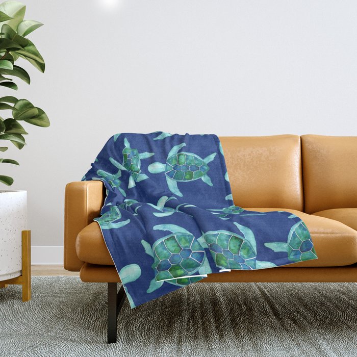 Save the Sea Turtles |Watercolor Blue Green| Renee Davis Throw Blanket Gallery Image 1