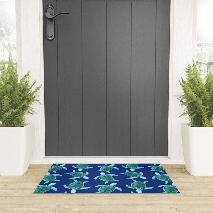 Save the Sea Turtles |Watercolor Blue Green| Renee Davis Welcome Mat Gallery Image 3