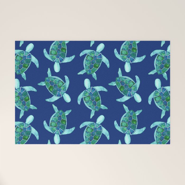 Save the Sea Turtles |Watercolor Blue Green| Renee Davis Welcome Mat Gallery Image 1